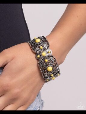 Yellow Stone Filigree Silver-Tone Bracelet